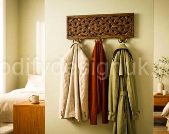 Carved Wooden Coat Rack, Geometric Wall Hooks, Moroccan Entryway Organiser, Home Decor.