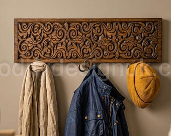 Carved Wooden Coat Rack, Wall Mounted Entryway, Key Hanger, Rustic Towel Hooks.