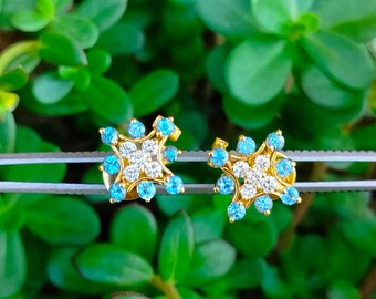 Diamond Swiss Blue Topaz Studs Real Diamond Studs Designer Engagement Wedding Anniversary Studs Solid 18k Yellow Gold Gift For Girls Woman