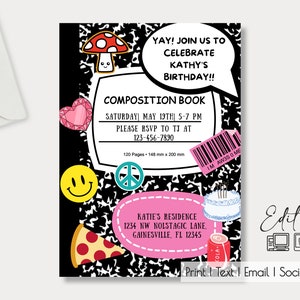 Composition Book Party Editable Invitation| Nostalgic Birthday Party| Middle School Party| High School Birthday| School Events| Any Occasion