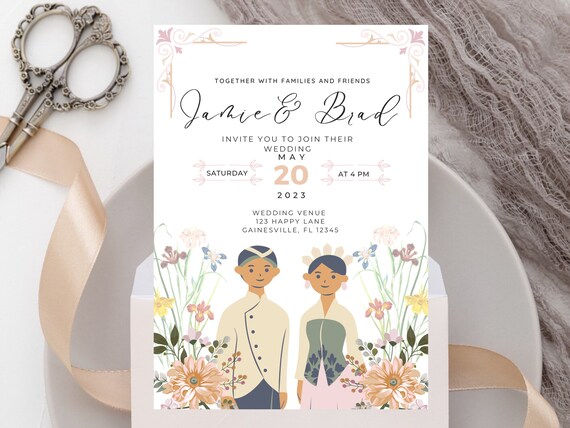 Buy Indonesian Traditional Costume Wedding Invitation Editable Template Indonesian American Wedding Invitation Minimalist Floral Portrait Online in India Etsy