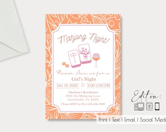May include: A peach-colored invitation with white floral designs and a pink and white illustration of mahjong tiles and a glass of wine. The text reads "Mahjong Night! Please Join us for a Girl's Night Dec 19, 2023 3:00-5:00 PM Chelsea's Residence 2700 TJs Mahjong Lane Gainesville, FL 33351 Please RSVP to TJ at 123-456-7890"