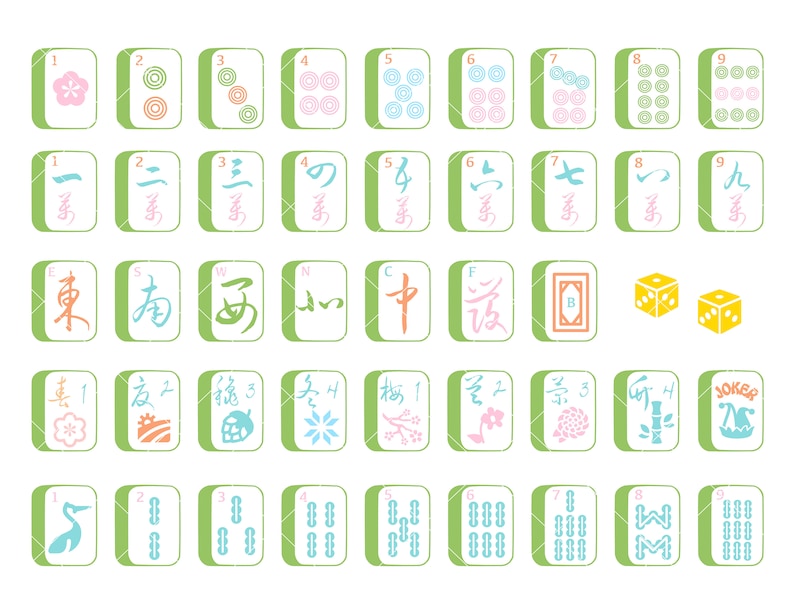 Op de afbeelding: Een set van 36 kleurrijke mahjong-tegels met verschillende symbolen en nummers. De tegels zijn gerangschikt in rijen en kolommen op een witte achtergrond. De tegels zijn groen met witte en roze accenten.