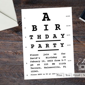 Può includere: Un invito a una festa di compleanno su sfondo bianco con testo nero che dice "A BIR THDAY PARTY". L'invito include i dettagli per una festa di compleanno, tra cui la data, l'ora e il luogo. Il testo include anche "Si prega di unirsi a noi per il compleanno di David".