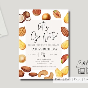 Puede incluir: Una invitación de cumpleaños con el texto "Let's Go Nuts!" rodeado de ilustraciones de acuarela de varios frutos secos. La invitación incluye la fecha, la hora y el lugar de la fiesta de cumpleaños de Kathy.