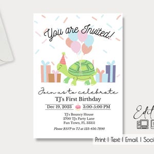 Confetti Turtle Invito per feste modificabile V2/ 5x7/ Ragazza/ Ragazzo/ Compleanno/ 1° compleanno/ Qualsiasi occasione/ Facile modifica online/ Alta risoluzione/ Fai da te