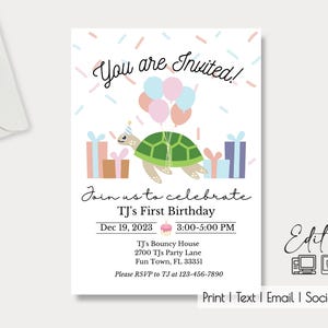 Invito per festa modificabile tartaruga marina/ 5x7/ ragazza/ ragazzo/ compleanno/ 1° compleanno/ qualsiasi occasione/ facile modifica online/ alta risoluzione/ fai da te