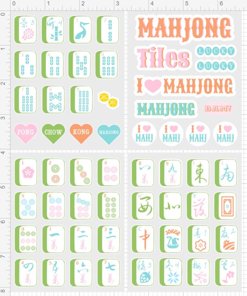 K&ouml;nnte beinhalten: Ein Stickerbogen mit Mahjong-Steinen und -Phrasen. Die Steine sind in verschiedenen Farben gehalten, darunter Gr&uuml;n, Rosa und Blau, mit Symbolen und Zahlen. S&auml;tze wie "Mahjong Tiles" und "I Love Mahjong" sind ebenfalls enthalten.