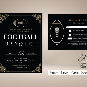Eleganckie zaproszenie na wydarzenie edytowalne 5x7 | Karta RSVP 5,5x4,25 | Bankiet piłkarski | Zaproszenie na formalne wydarzenie sportowe | Rocznica | Zaproszenie na galę | Evite