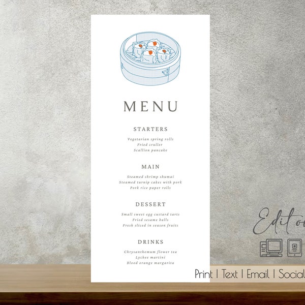 Dim Sum Editable Menu Card| 4x9| Baby Shower| Birthday| Anniversary| Brunch| Asian Food| Dim Sum Lover| Any Occasion