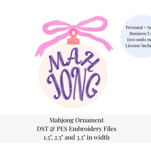 May include: A round ornament with the word "MAHJONG" in purple script. The ornament is cream-colored and has a pink bow at the top. The text "Personal + Small Business Use (100 units max) License Included" is also present.