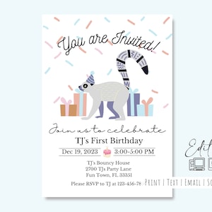 Festive Lemur Editable Invitation| 5x7| Easy Edit Online| Birthday| Baby Shower| More Crisp Images than Preview| High Resolution| DIY