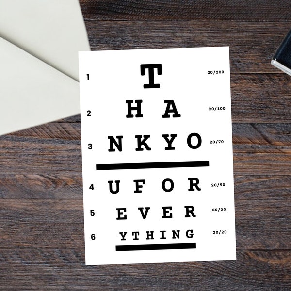 Printable Eye Chart Thank You Card| Eye Doctor Card| Card for Optometrist| Ready to Print| Last Min Card| PDF| Optician Card| Birthday| Gift