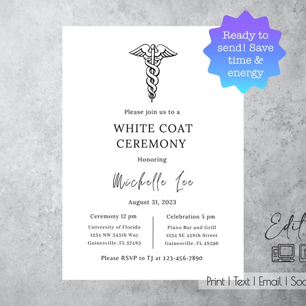 Medical Professional Invitation| 5x7| White Coat Ceremony| Graduation| Med| Dent| Vet| Pharm| Opt| PA| Nursing| Easy Edit Online | High Res