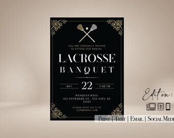Può includere: Un invito nero e oro per un banchetto di lacrosse il 22 maggio alle 19:00. L'invito presenta un paio di bastoni da lacrosse incrociati e il testo "Lacrosse Banquet".