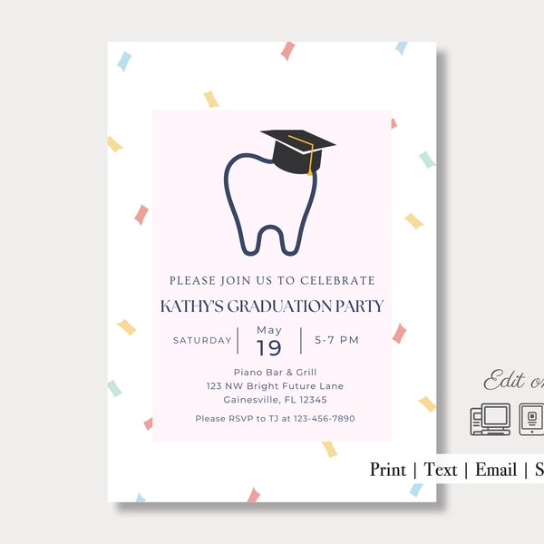 Confetti Dental Grad Editable Invitation| Graduation| Commencement Party Invite| Dental School| Dentist| Dentistry| DMD| DDS| Dental Hygiene