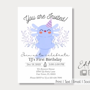Wesołe zaproszenie edytowalne Aksolotl| Przyjęcie urodzinowe| Baby Shower| Miłośnik Aksolotla| Zaproszenie na wydarzenie| Każda okazja| Impreza tematyczna Aksolotla| Evite