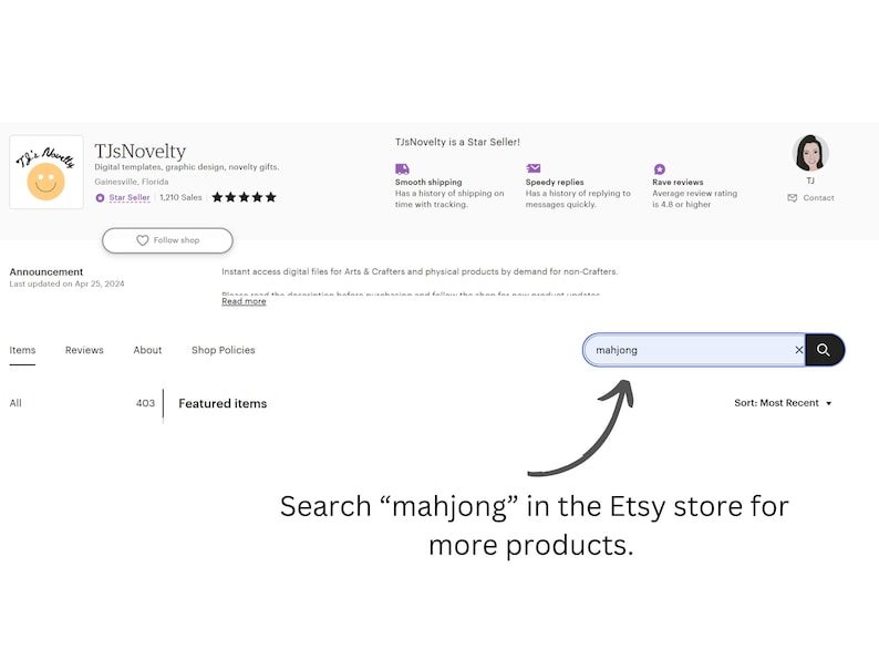 K&ouml;nnte beinhalten: Screenshot eines Etsy-Shops, TJsNovelty, mit einer Suchleiste, die "mahjong" enth&auml;lt. Der Text fordert zur Suche nach weiteren Produkten auf. Das Shop-Logo ist ein l&auml;chelndes Gesicht.