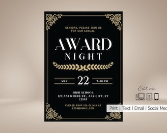 Könnte beinhalten: Schwarze und goldene Einladung zur Preisverleihung mit einem Lorbeerkranz-Design. Der Text lautet "Preisverleihung" mit dem Datum "22. Mai" und der Uhrzeit "19:00 Uhr". Die Einladung enthält auch den Ort "High School, 123 Anywhere St., Any City, ST 12345" und RSVP-Informationen.