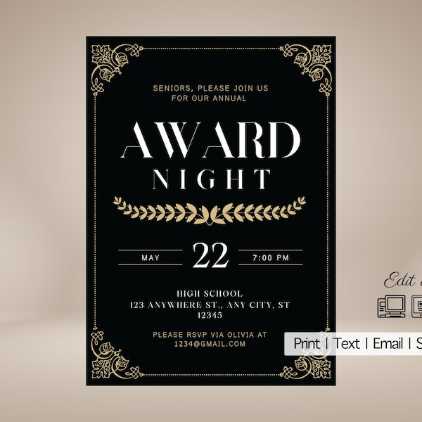 Elegant Event Editable Invitation| 5x7| Senior Award Night| Graduation Invite| Event Invite| Banquet| Anniversary| Retirement| Any Occasion