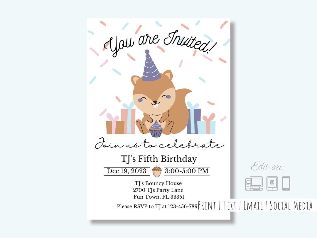 Festive Squirrel Editable Invitation| 5x7| Easy Edit Online| Birthday ...