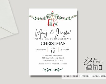 May include: A white invitation card with green floral accents and red and white Mahjong tiles. The text reads "Mahjong & Jingle! Please join us to celebrate Christmas, Saturday May 19, 5-7 PM, Chelsea's Residence, 123 NW Mah Jong Court, Gainesville, FL 12345, Please RSVP to TJ at 123-456-7890".