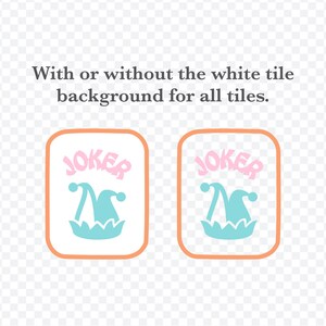 K&ouml;nnte beinhalten: Zwei Spielkarten-Designs mit einem hellblauen Narrenhut und dem Wort "JOKER" in Rosa. Die Karten haben einen orangefarbenen Rand und einen wei&szlig;en Hintergrund. Der Text &uuml;ber den Karten lautet "Mit oder ohne den wei&szlig;en Kachelhintergrund f&uuml;r alle Kacheln."