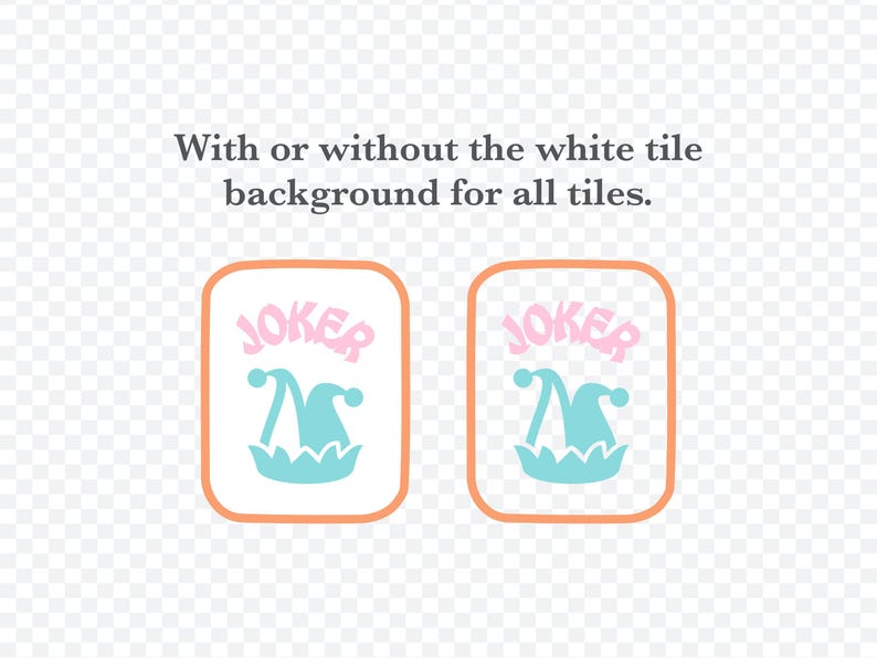 K&ouml;nnte beinhalten: Zwei Spielkarten-Designs mit einem hellblauen Narrenhut und dem Wort "JOKER" in Rosa. Die Karten haben einen orangefarbenen Rand und einen wei&szlig;en Hintergrund. Der Text &uuml;ber den Karten lautet "Mit oder ohne den wei&szlig;en Kachelhintergrund f&uuml;r alle Kacheln."