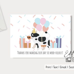 Plantilla de tarjeta de agradecimiento de vaca lechera/5x7/Fácil edición en Canva/Cumpleaños/Baby Shower/Imágenes más nítidas que la vista previa/Fácil corte a mano