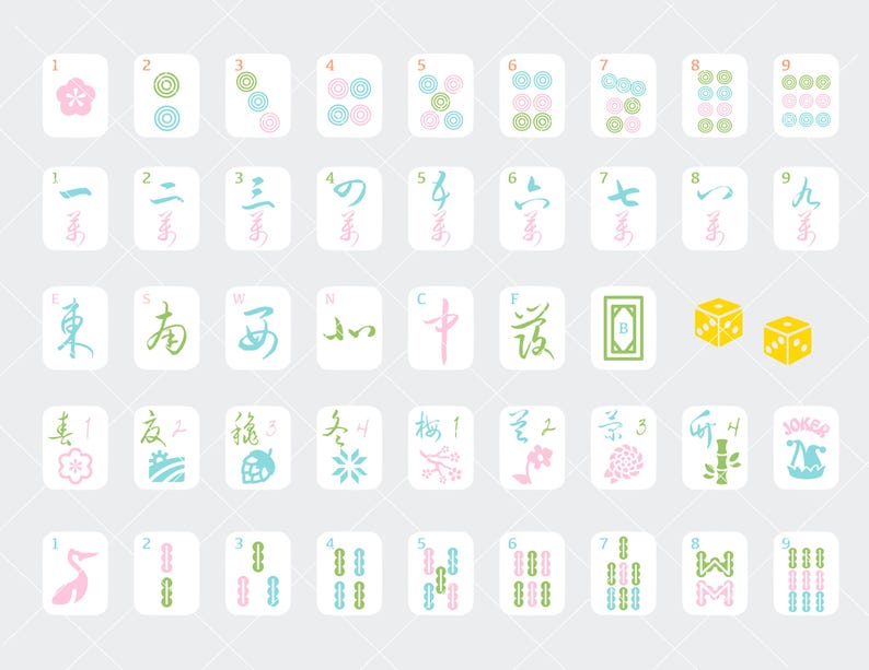 May include: A complete set of Mahjong tiles, featuring various suits, numbers, and characters in pastel colors. Includes dice and joker tiles. The tiles are arranged on a light gray background.