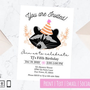 Cute Racoon Head Party Invitation| 5x7| One Year| Girl| Boy| Birthday| Any Occasion| Easy Edit Online| High Resolution| Easy hand Cut| DIY