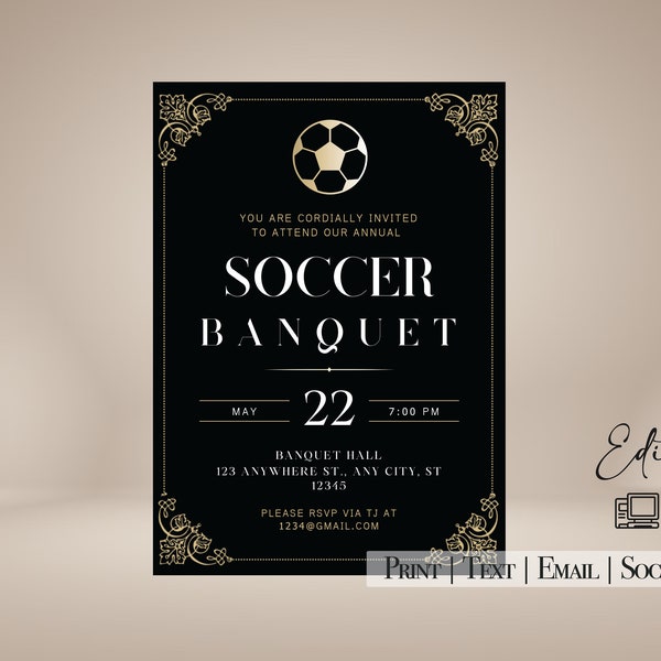 Elegant Event Editable Invitation 5x7| Football or Soccer Banquet| Formal Sport Event Invite| Anniversary| Gala Invite| Evite| Formal Theme
