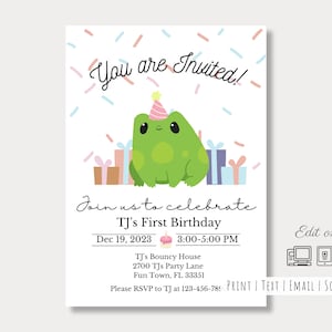 Festive Frog Editable Invite| Girl| Boy| 1st Birthday Invitation| Colors Editable| Personalized| Any Age Invitation| Edit Online| Evite