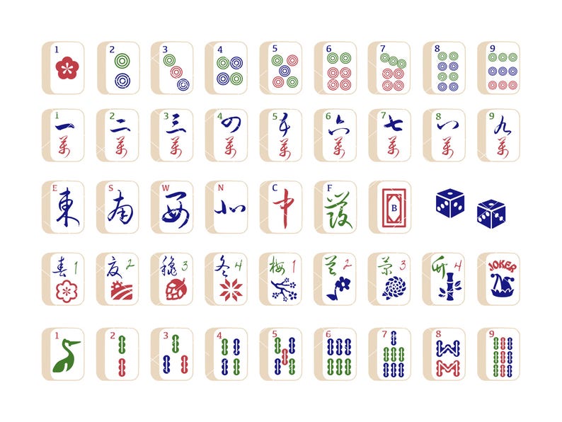 May include: A set of 36 colorful mahjong tiles with various symbols and numbers. The tiles are arranged in rows and columns on a white background.