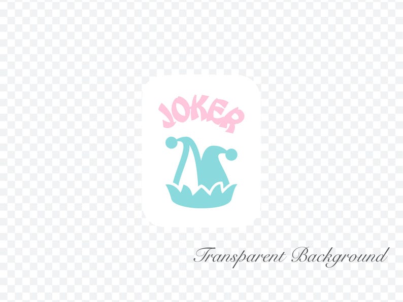 May include: A graphic design featuring the word "JOKER" in pink above a light blue jester hat with two pom-poms. The hat is set on a white background with the words "Transparent Background" in a cursive font.