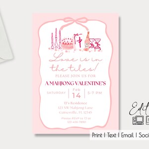 Könnte beinhalten: Eine rosafarbene Einladung mit einer Aquarell-Illustration eines Kuchens, Champagners und Kerzen. Der Text lautet "Love is in the tiles! Please join us for a Mahjong Valentine's Saturday, Feb 14, 5-7 PM. TJ's Residence, 123 NW Mahjong Lane, Gainesville, FL 12345. Please RSVP to TJ at 123-456-7890."