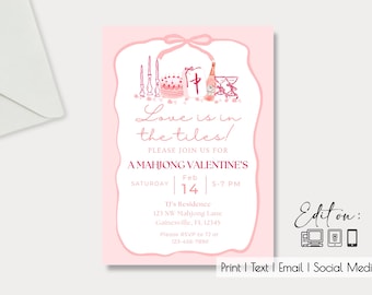 May include: Pink invitation with a watercolor illustration of a cake, champagne, and candles. The text reads "Love is in the tiles! Please join us for a Mahjong Valentine's Saturday, Feb 14, 5-7 PM. TJ's Residence, 123 NW Mahjong Lane, Gainesville, FL 12345. Please RSVP to TJ at 123-456-7890."