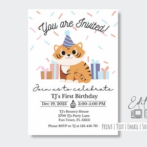 Festive Tiger Editable Invite| Girl| Boy| 1st Birthday Invitation| Colors Editable| Personalized| Any Age Invitation| Edit Online| Evite