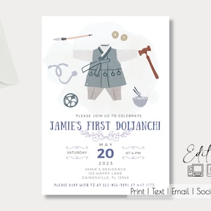Korean Boy First Doljanchi Birthday Invite| Editable Template| Korean American Invite| Hand Drawn| Pastel Water Color| Minimalist| Floral