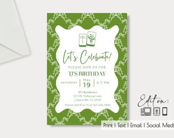 Floral Mahjong Editable Invite| 5x7"| Mahjong Party| Tournament| Birthday| Anniversary| Mahjong Lovers| Mahjong Event| Chinoiserie Evite