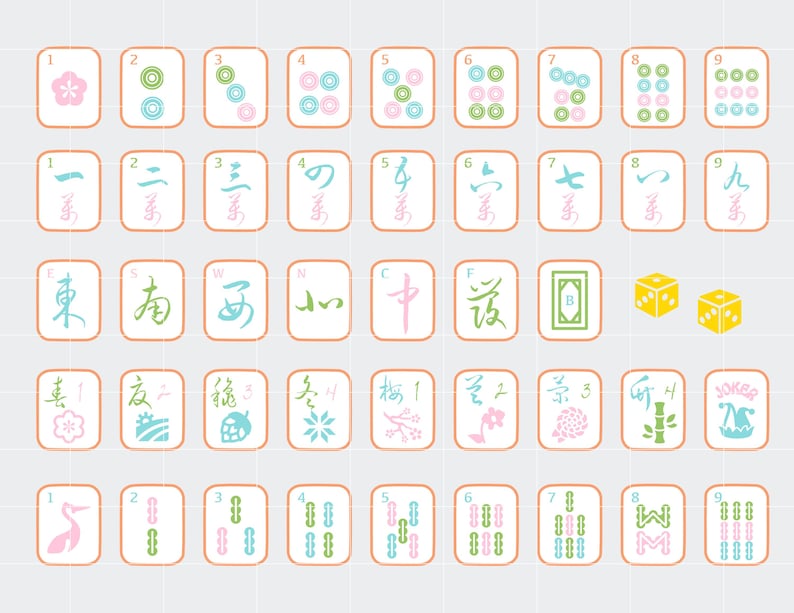 K&ouml;nnte beinhalten: Eine Sammlung von Mahjong-Steinen mit verschiedenen Symbolen und Zahlen in Pastellfarben. Die Steine zeigen florale Designs, Punkte und chinesische Schriftzeichen. Zwei gelbe W&uuml;rfel sind ebenfalls enthalten.