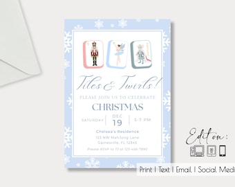 May include: A blue and white invitation card with snowflakes printed on the border. The invitation is for a Christmas party called "Tiles & Twirls!" The party is on Saturday, December 19th from 5-7 PM at Chelsea's Residence, 123 NW MahJong Lane, Gainesville, FL 12345. Please RSVP to 17 at 123-456-7890.