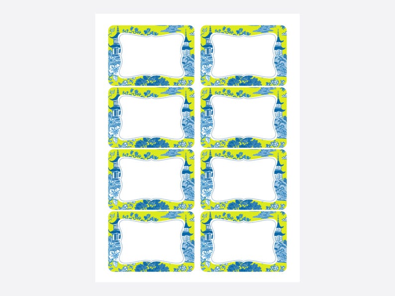 May include: Eight rectangular labels with a white center and a decorative border. The border features a blue and white pagoda and floral design on a yellow-green background. The labels are arranged in two columns of four.