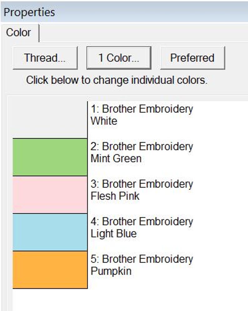 May include: A screenshot of a software interface with color options. The interface displays a 'Properties' window with color selection options. The color options include white, mint green, flesh pink, light blue, and pumpkin.