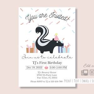 Festive Skunk Party Invitation| 5x7| One Year| Girl| Boy| Birthday| Any Occasion| Easy Edit Online| High Resolution| Easy hand Cut| DIY