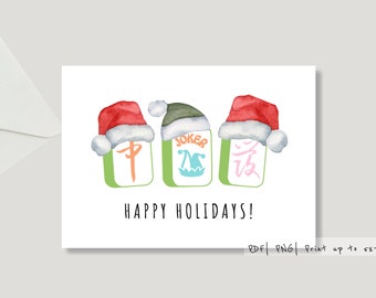 Druckbare Mahjong Weihnachtskarte | Mahjong Liebhaber | Erntedank | Weihnachten| Chanukka | Bereit zum Drucken | Last Min Karte| 7x5"| Hohe Auflösung