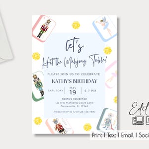 Könnte beinhalten: Eine blaue und weiße Einladungskarte mit einer fantasievollen Illustration eines Nussknackers und einer Fee. Der Text auf der Karte lautet "Let's Hit the Mahjong Table!" und lädt Gäste ein, Kathys Geburtstag am 19. Mai von 17:00 bis 19:00 Uhr in Kathys Residenz zu feiern. Die Adresse und RSVP-Informationen sind ebenfalls enthalten.