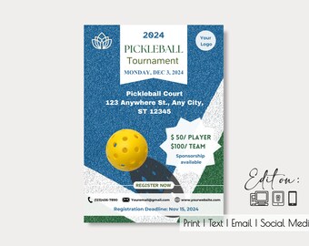 Pickleball Tournament Editable Flyer| A4 8.27 x 11.69" & 8.5x11"| Pickleball Match| Tournament| Formal Pickleball| Pickleball Event| Evite