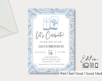 May include: A blue and white invitation with a floral border. The invitation is for Lisa's 19th birthday party. The party will be held on Saturday, May 19th from 5-7 PM at Lisa's residence. The address is 123 NW Mahjong Lane, Gainesville, FL 12345. Please RSVP to TJ at 123-456-7890.