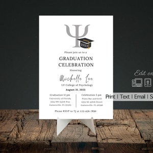 Psychology Graduation Editable Invitation| Graduation Announcement| Party Invite| School of Psychology| Psychologist| Psi| Psyd Grad Invite